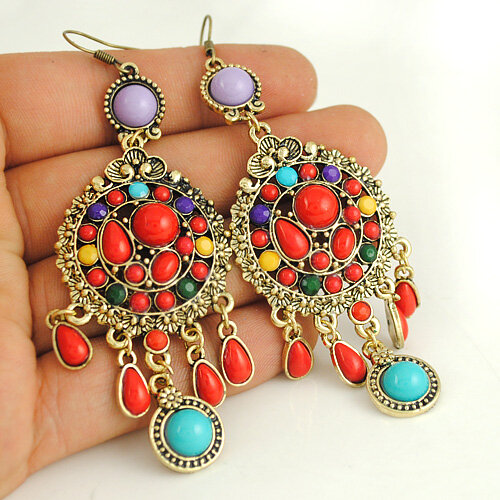 Bohemian Colorful Rice Beads Tassel Pendant Earrings Metal Geometric Water Drop Carved Earrings