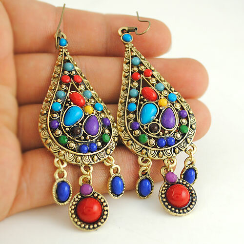 Bohemian Colorful Rice Beads Tassel Pendant Earrings Metal Geometric Water Drop Carved Earrings