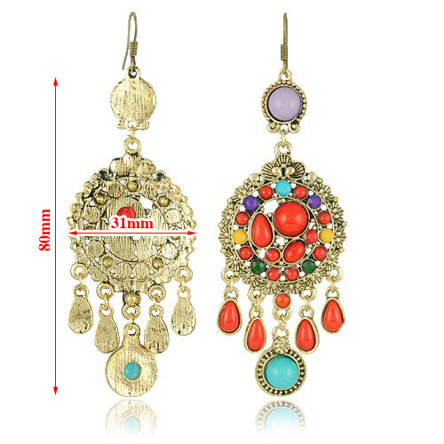 Bohemian Colorful Rice Beads Tassel Pendant Earrings Metal Geometric Water Drop Carved Earrings