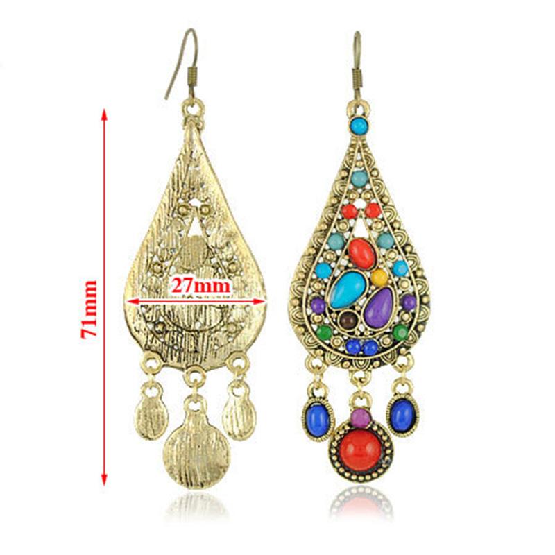 Bohemian Colorful Rice Beads Tassel Pendant Earrings Metal Geometric Water Drop Carved Earrings