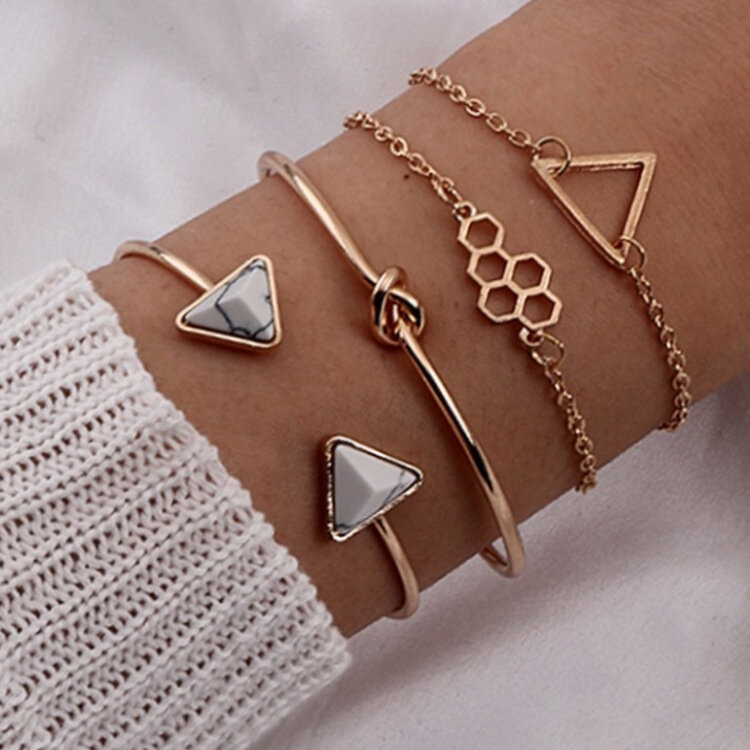 Vintage Geometric Hollow Triangle Honeycomb Pendant Bracelet Metal Triangle Marble Opening Multi-layer Bracelet