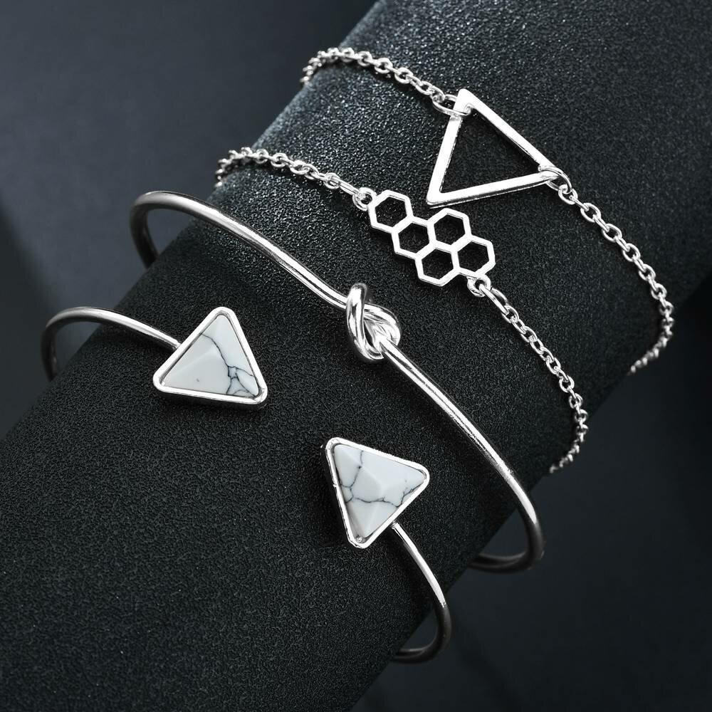 Vintage Geometric Hollow Triangle Honeycomb Pendant Bracelet Metal Triangle Marble Opening Multi-layer Bracelet