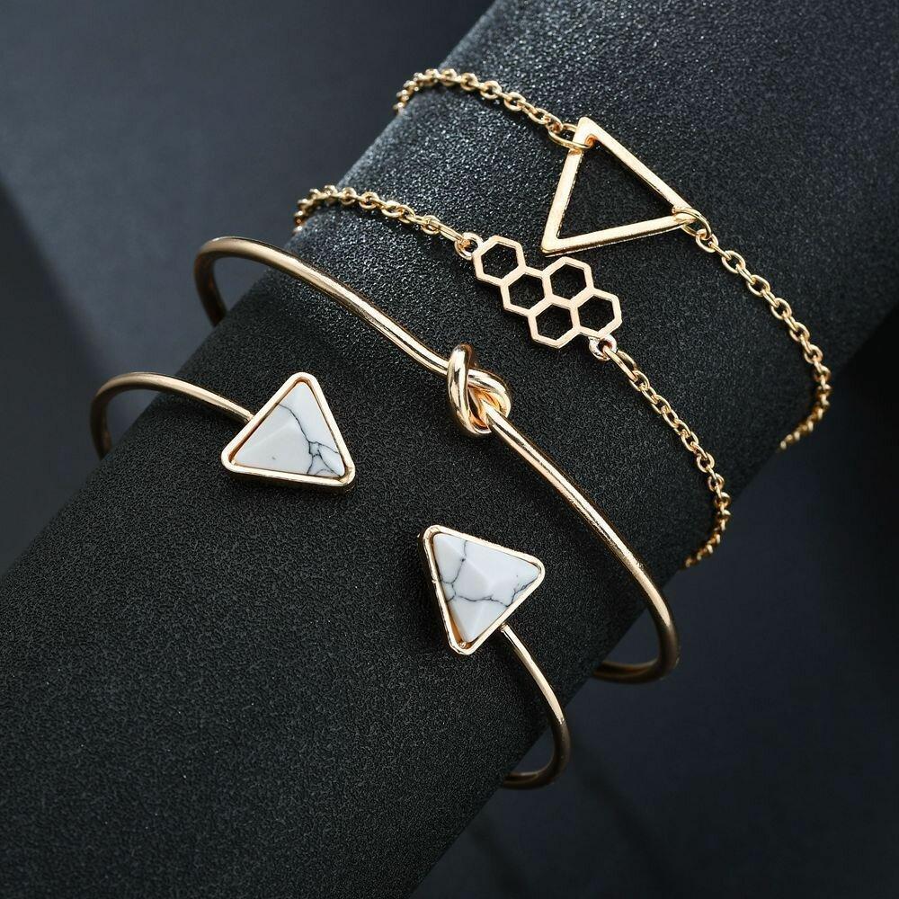 Vintage Geometric Hollow Triangle Honeycomb Pendant Bracelet Metal Triangle Marble Opening Multi-layer Bracelet