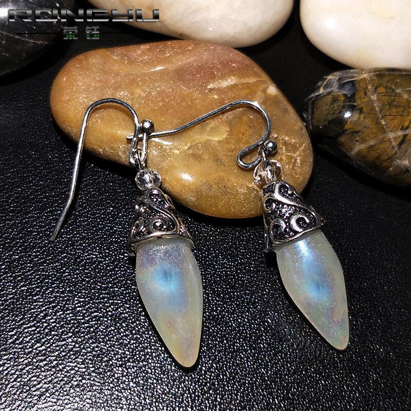 Vintage Geometric Colorful Crystal Gemstone Earrings Metal Moonstone Pendant Earrings