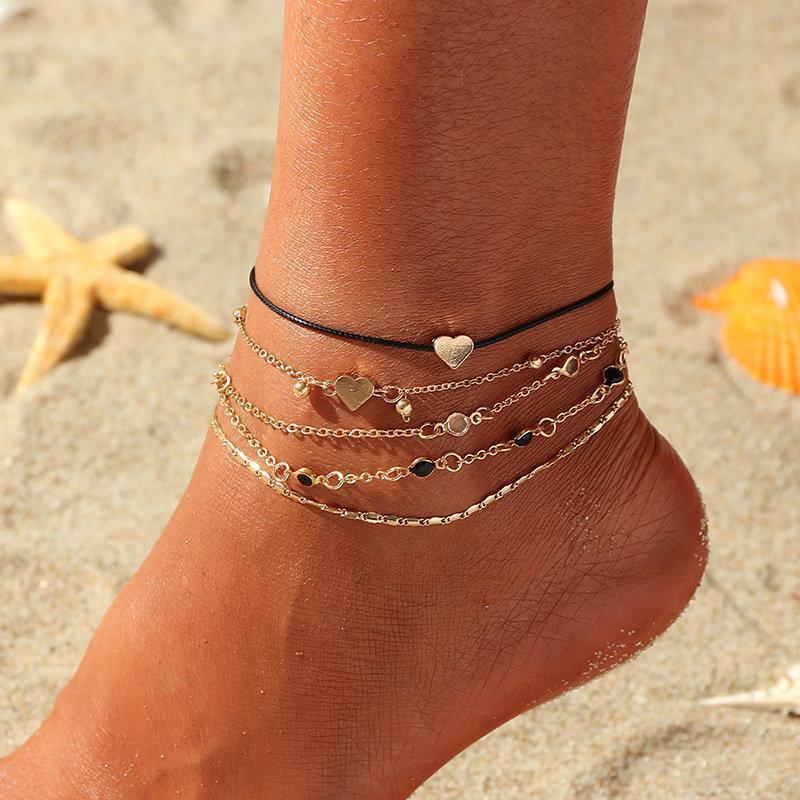 Bohemian Rhinestone Chain Anklets Wax Rope Peach Heart Pendant Anklets Vintage Jewelry for Women