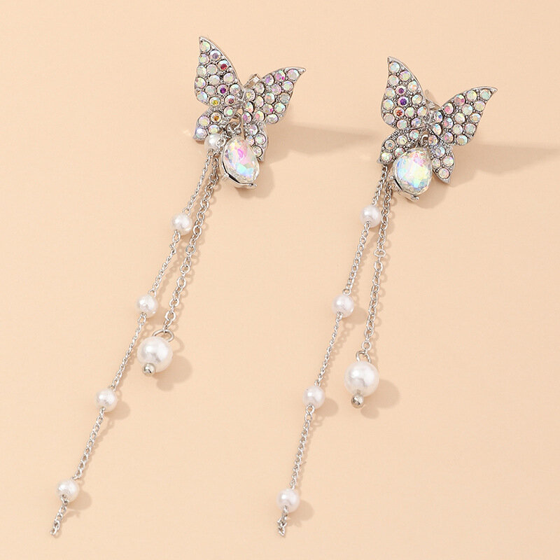 Trendy Women Silver Butterfly Earrings Diamond Mount Long Pearl Tassel Ear Drop Jewelry