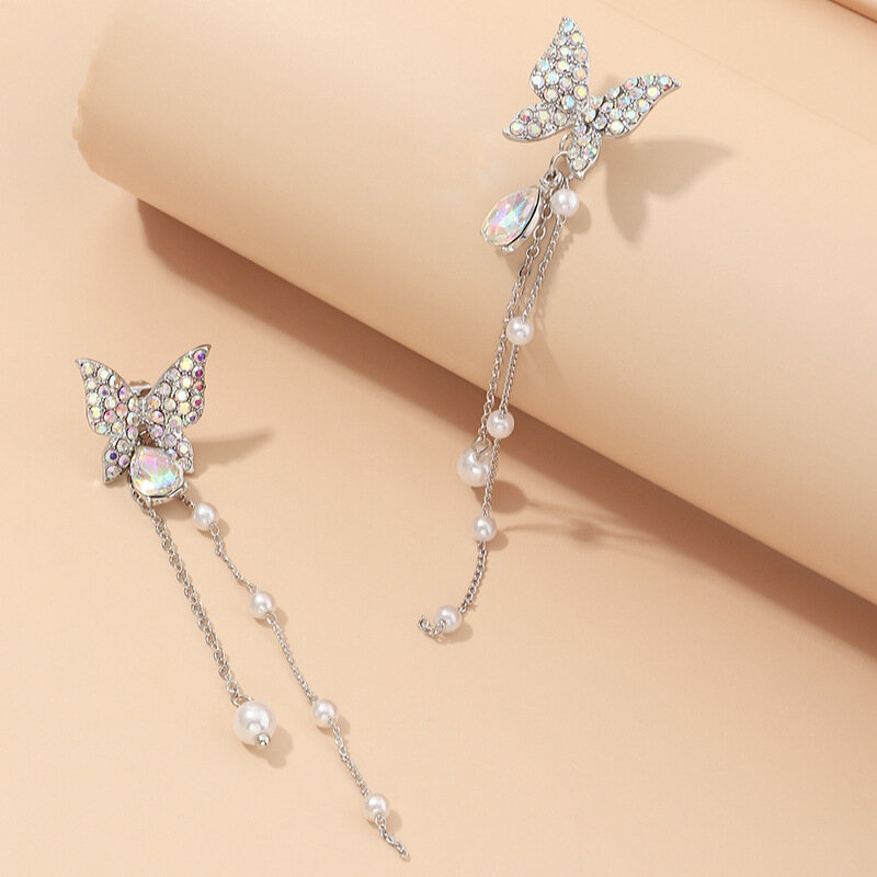 Trendy Women Silver Butterfly Earrings Diamond Mount Long Pearl Tassel Ear Drop Jewelry