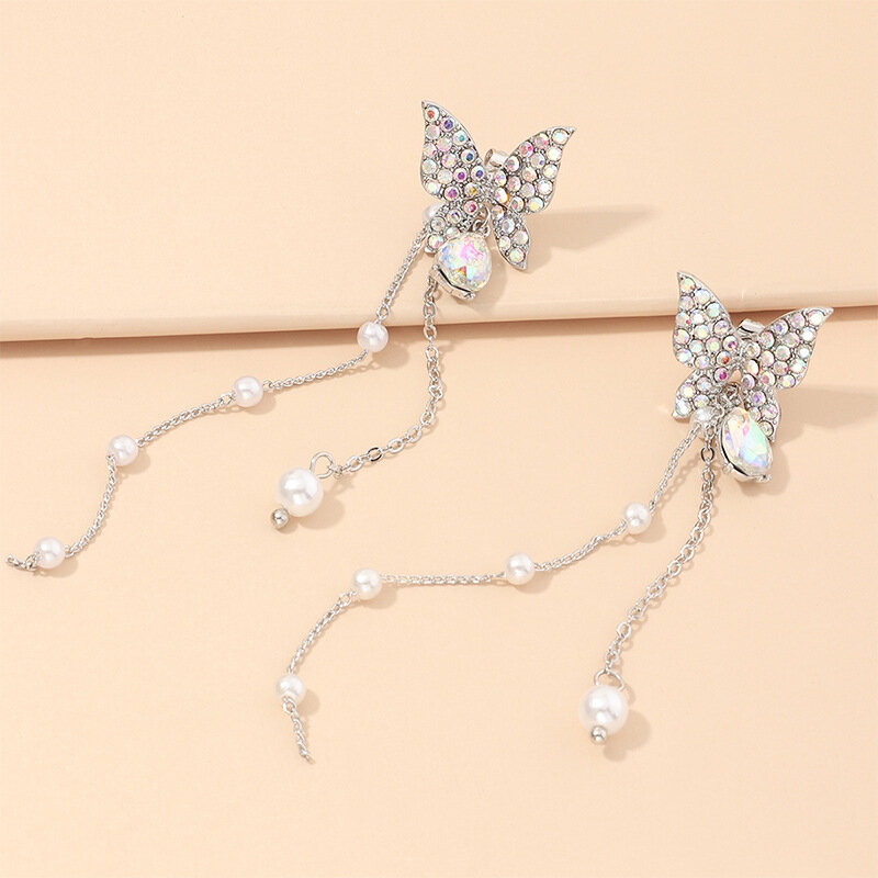 Trendy Women Silver Butterfly Earrings Diamond Mount Long Pearl Tassel Ear Drop Jewelry