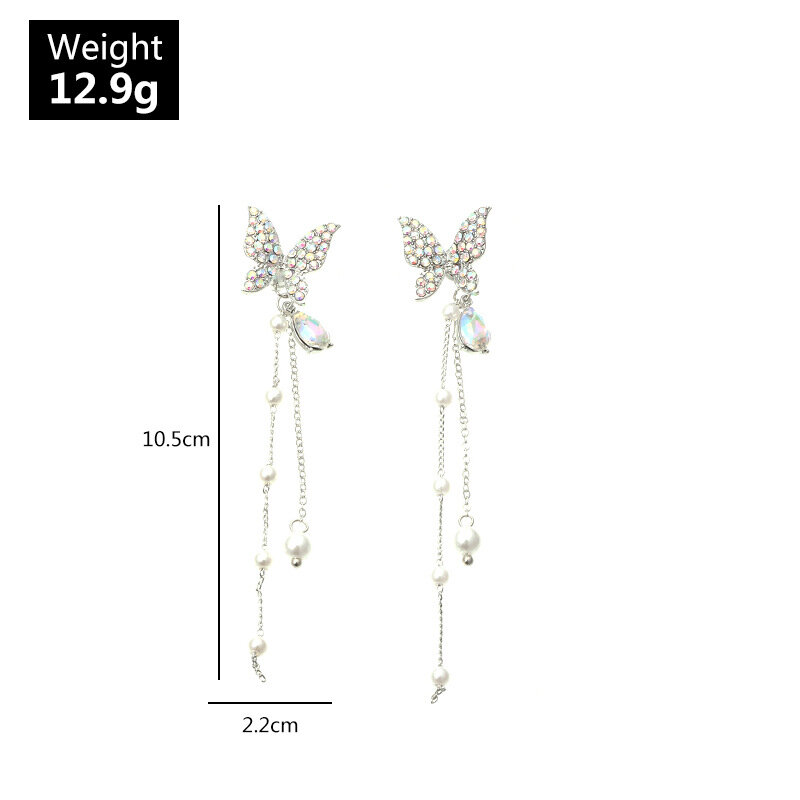 Trendy Women Silver Butterfly Earrings Diamond Mount Long Pearl Tassel Ear Drop Jewelry