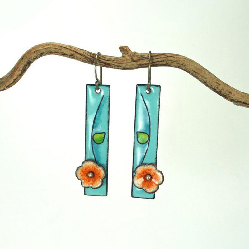 Fashion Turquoise Enamel Earrings Orange Flower Leaf Long Pendant Earrings