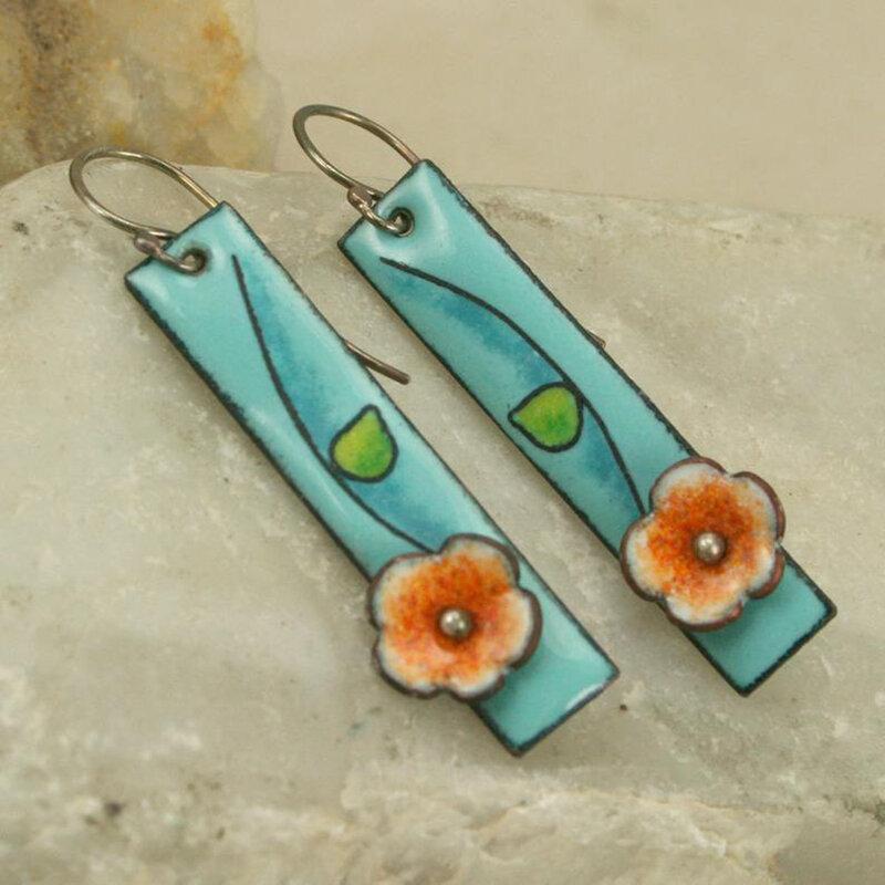 Fashion Turquoise Enamel Earrings Orange Flower Leaf Long Pendant Earrings