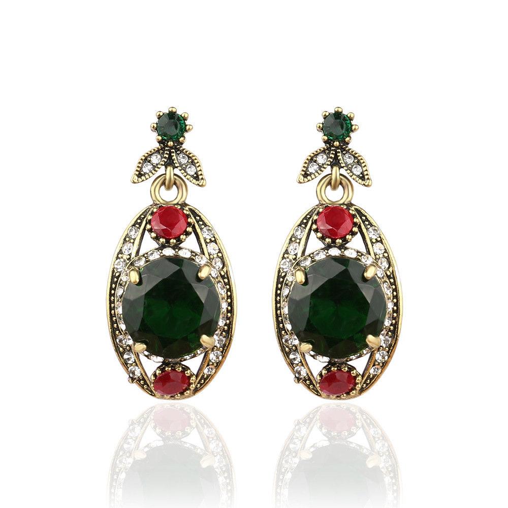 Luxury Pendant Jewelry Set Green Gemstone Rhinestone Ring Necklaces Earring Ethnic Jewelry for Women