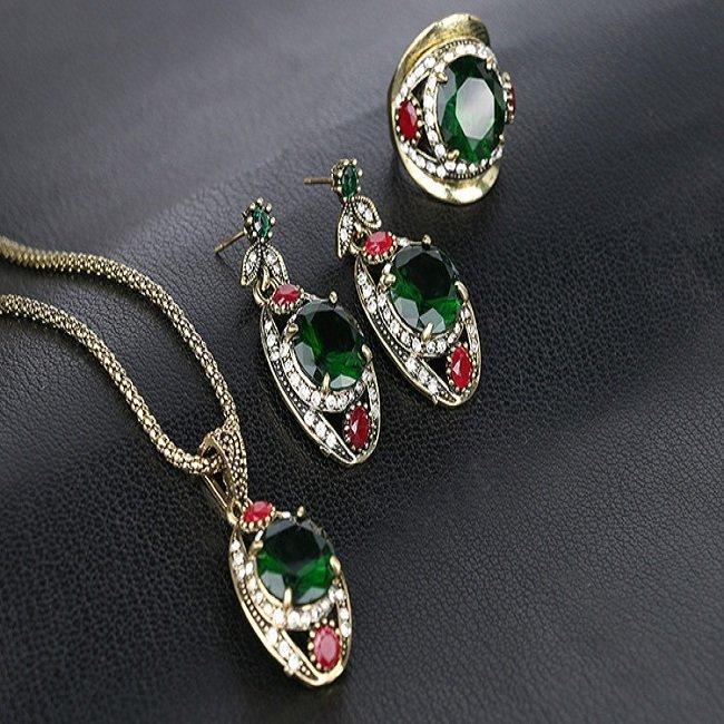 Luxury Pendant Jewelry Set Green Gemstone Rhinestone Ring Necklaces Earring Ethnic Jewelry for Women