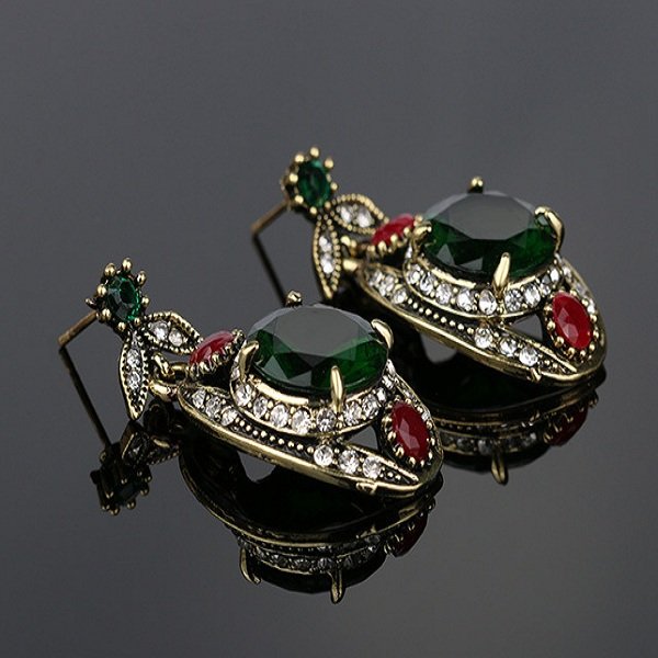 Luxury Pendant Jewelry Set Green Gemstone Rhinestone Ring Necklaces Earring Ethnic Jewelry for Women