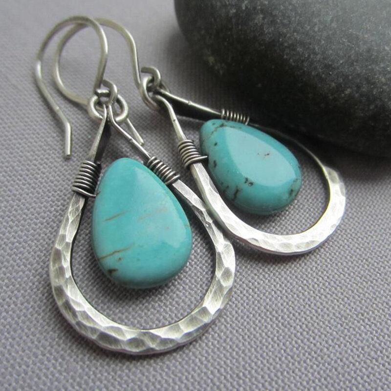 Vintage Plated 925 Silver Turquoise Water Drop Earrings Handmade Metal Wire Turquoise Earrings