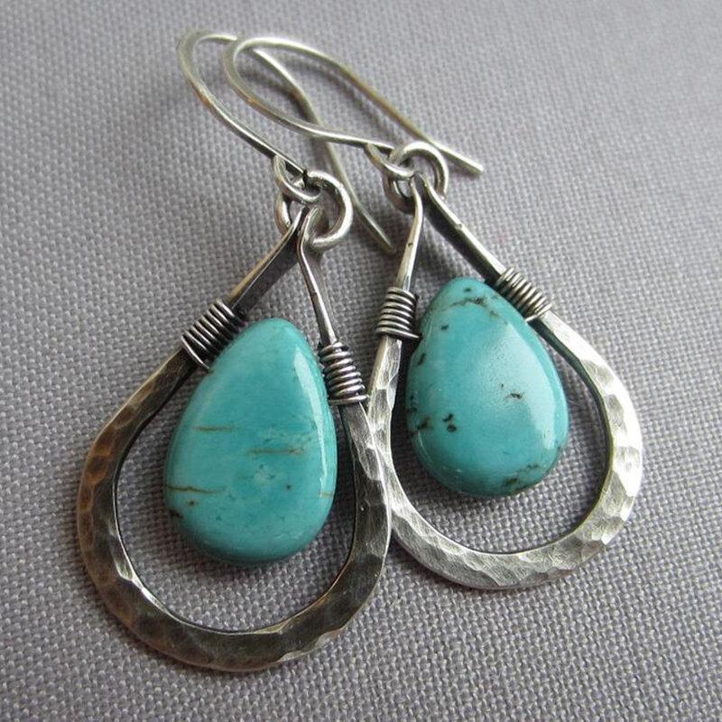 Vintage Plated 925 Silver Turquoise Water Drop Earrings Handmade Metal Wire Turquoise Earrings