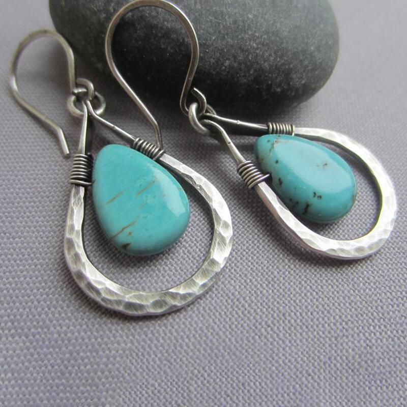 Vintage Plated 925 Silver Turquoise Water Drop Earrings Handmade Metal Wire Turquoise Earrings