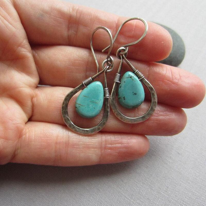 Vintage Plated 925 Silver Turquoise Water Drop Earrings Handmade Metal Wire Turquoise Earrings