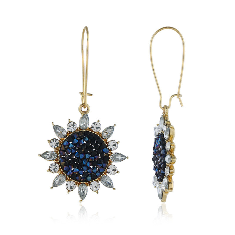 Trendy Sun Flower Pendant Earrings Vintage Geometric Exaggerated Metal Rhinestone Earrings