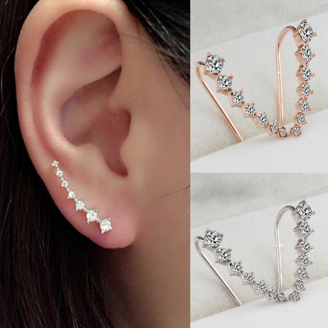 Trendy Rhinestone Cuff Earrings Elegant Silver Gold Color Piercing Clip Earrings Chic Jewelry