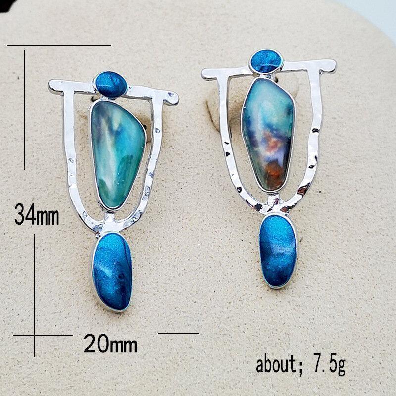 Vintage Geometric Metal Irregular Marble Natural Stone Earrings