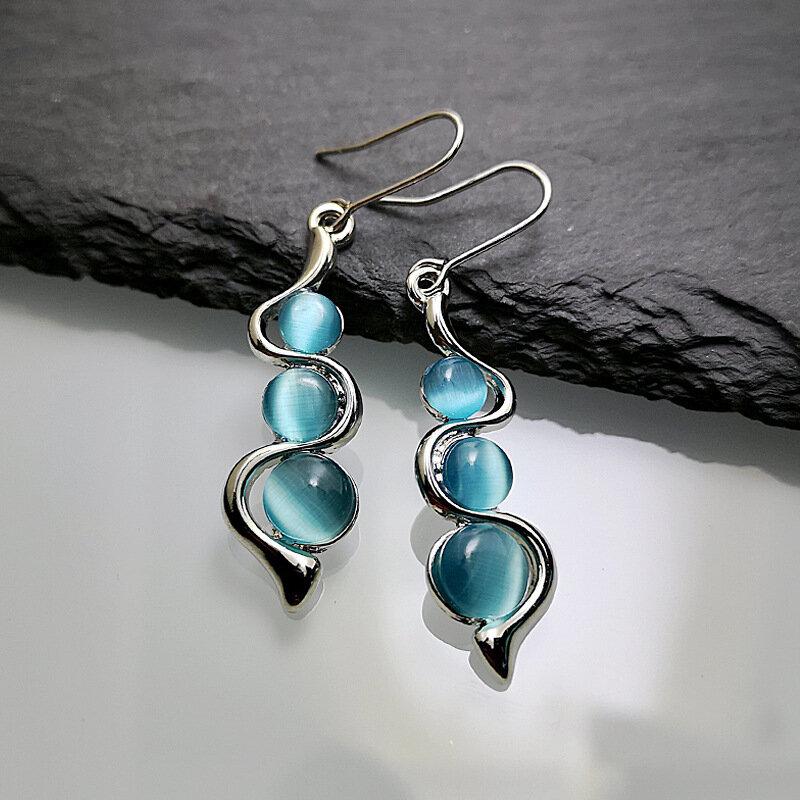 Vintage Metal Geometric Wave Curve Earrings Irregular Inlaid Blue Cat Eye Gem Earrings