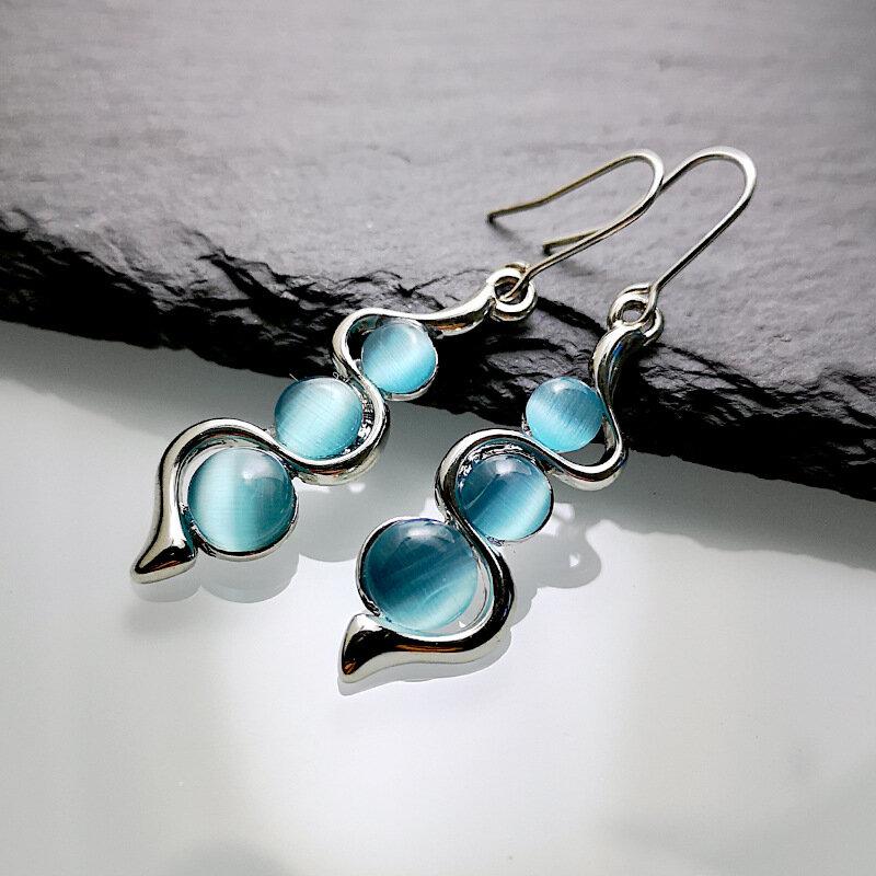 Vintage Metal Geometric Wave Curve Earrings Irregular Inlaid Blue Cat Eye Gem Earrings