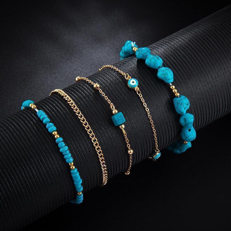 Bohemian Turquoise Multi-layer Beaded Anklet Geometric Square Turquoise Pendant Chain Anklet