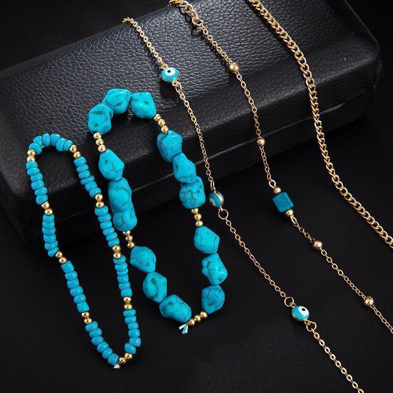 Bohemian Turquoise Multi-layer Beaded Anklet Geometric Square Turquoise Pendant Chain Anklet