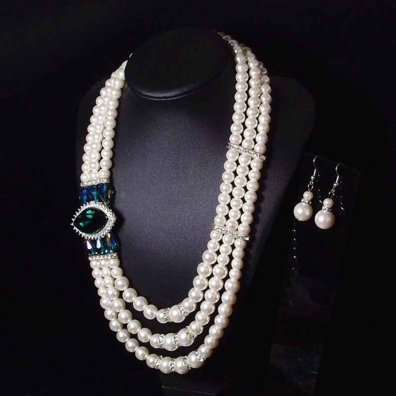 Luxury Womens Pearl Wedding Jewelry Set Statement Gemstone Pearl Necklaces Drop Earrings for Women