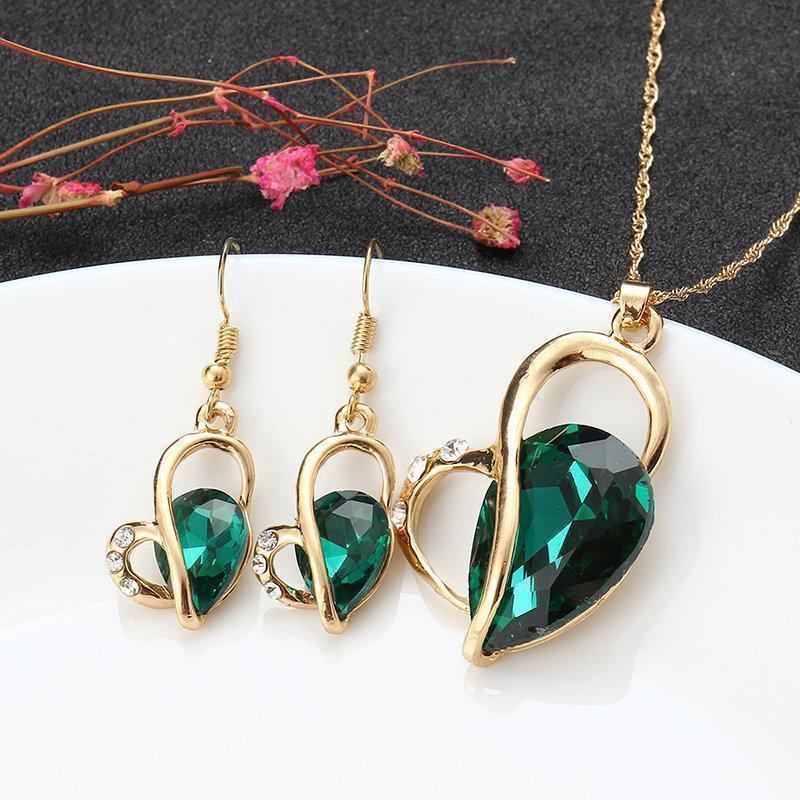 Heart Jewelry Set Alloy Rhinestone Crystal Earrings Necklace Set