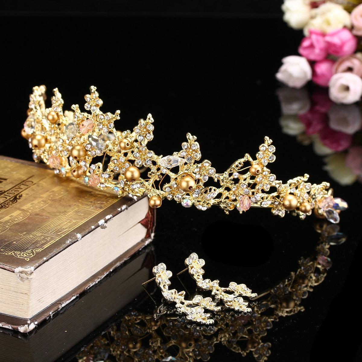 Trendy Hairband Earrings Set Women Gold Pearl Wedding Bride Party Crystal Headband Crown Earrings