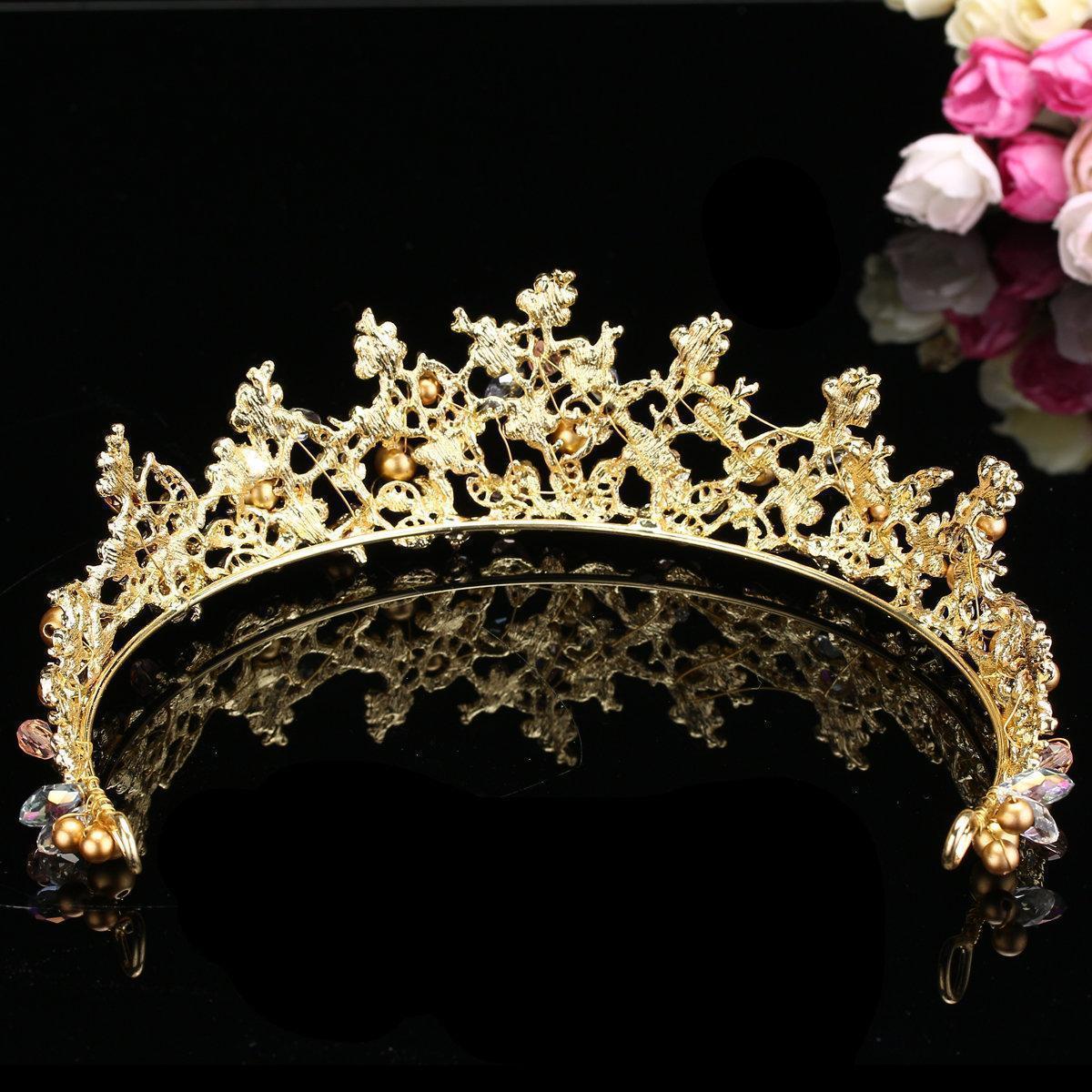 Trendy Hairband Earrings Set Women Gold Pearl Wedding Bride Party Crystal Headband Crown Earrings