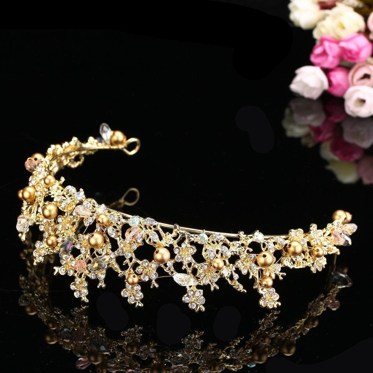 Trendy Hairband Earrings Set Women Gold Pearl Wedding Bride Party Crystal Headband Crown Earrings