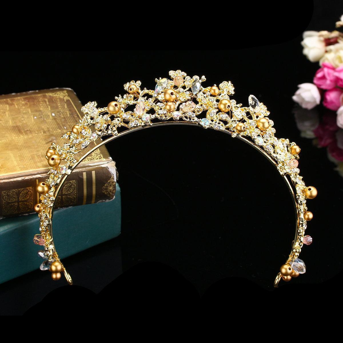 Trendy Hairband Earrings Set Women Gold Pearl Wedding Bride Party Crystal Headband Crown Earrings