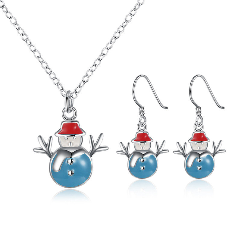 Christmas Jewelry Set Silver Plated Snowman Oil Drip Earrings Necklace Kit