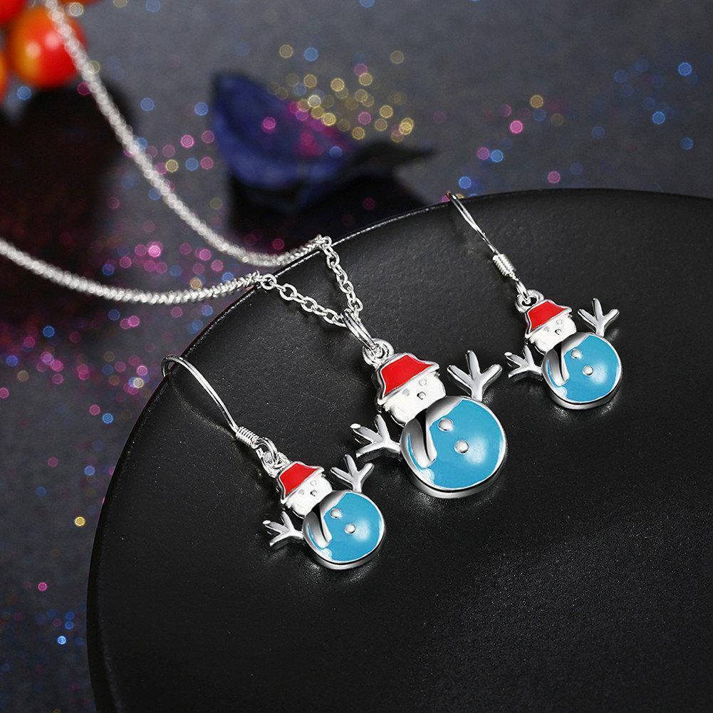 Christmas Jewelry Set Silver Plated Snowman Oil Drip Earrings Necklace Kit