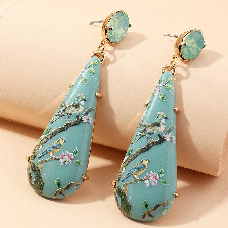 Geometric Water Drop Irregular Pendant Earrings Metal Colorful Printing Bird Earrings