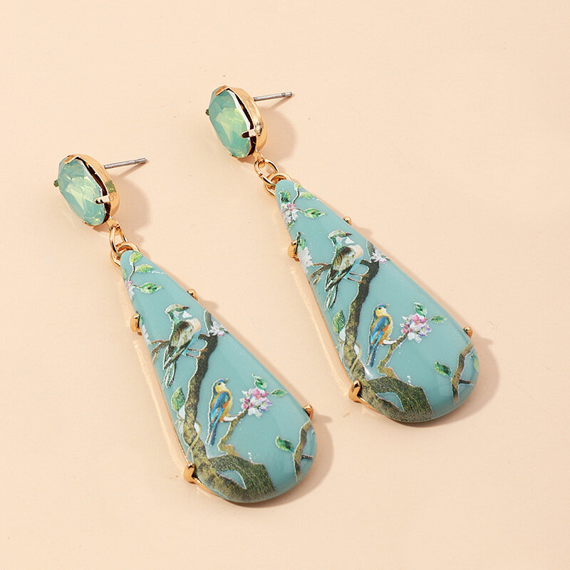 Geometric Water Drop Irregular Pendant Earrings Metal Colorful Printing Bird Earrings