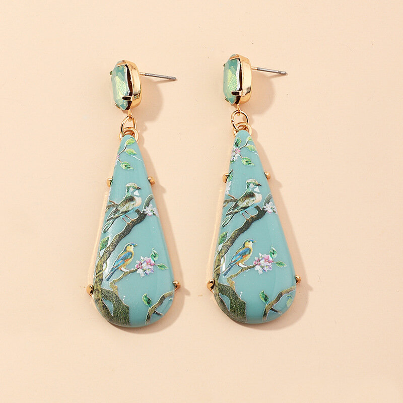 Geometric Water Drop Irregular Pendant Earrings Metal Colorful Printing Bird Earrings