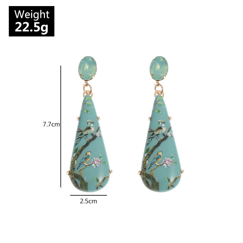 Geometric Water Drop Irregular Pendant Earrings Metal Colorful Printing Bird Earrings